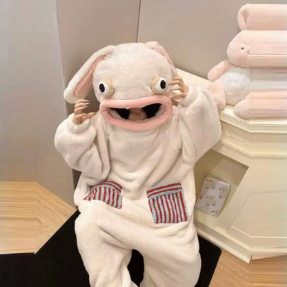 Onzis bunny onesie worn seated, hood up